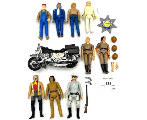Mego vintage 3 3/4" figures x 10 including Dukes of Hazzard x 4, Lone Ranger x 3 and CHIPS x 2 + Motorbike, all genrally Good