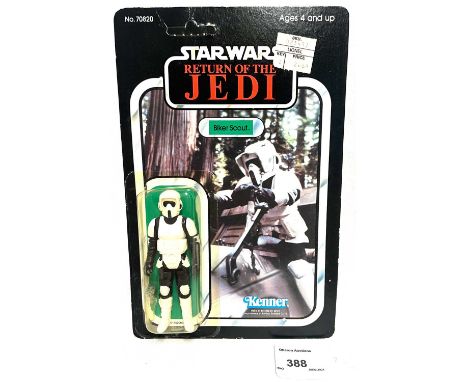 Kenner Star Wars vintage ROTJ Biker Scout 3 3/4" figure, Mint, within Good (dented) bubble, upon Good Plus (light edgewear an
