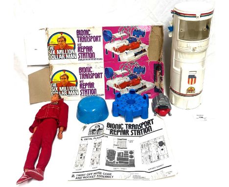 Denys Fisher vintage Six Million Dollar Man Steve Austin 12" figure and Bionic Transport and Repair Station, both Fair to Goo