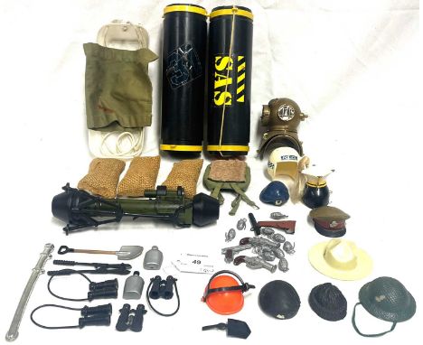 Large Selection of Palitoy vintage Action Man weapons, clothing and accessories, all generally Good, see pictures.(qty)