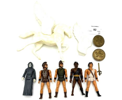 Mattel vintage Clash of the Titans 3 3/4" figures x 6 including Pegasus (slightly discloured, with one spare wing), Perseus c