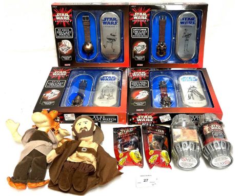 Large selection of Star Wars Episode 1 collectables including Space Battle Alarm Clock, Collector Watch sets, Plush Dolls, Di