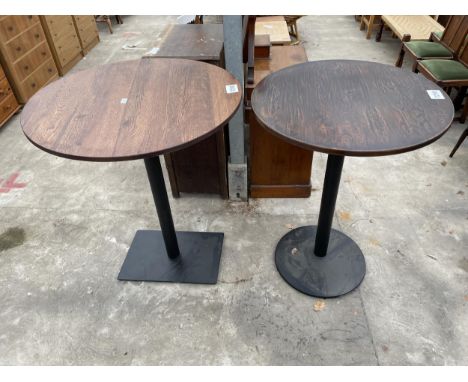 A PUB TABLE ON A METALWARE BASE 36" DIAMETER AND A SIMILAR TABLE 32" DIAMETER 