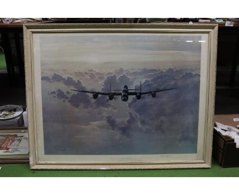 A LARGE PRINT, 'OUTBOUND LANCASTER CROSSING THE EAST COAST', SIGNED GERALD COULSON, 90CM X 70CM 