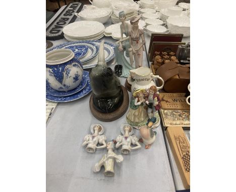 A QUANTITY OF CERAMIC FIGURES TO INCLUDE A RHINOCEROUS HEAD - A/F, LEONARDO LADY FIGURES, PIN CUSHION SEWING LADIES, A COALPO