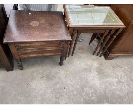 A NEST OF THREE MODERN TABLES, MAHOGANY BOX COMMODE AND AN OCTAGONAL OCCASIONAL TABLE 