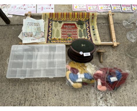 AN ASSORTMENT OF SEWING ITEMS TO INCLUDE A TAPESTRY, THREAD AND A SEWING BOX ETC 