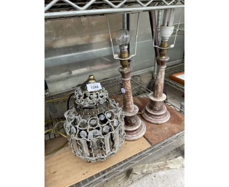 A PAIR OF MARBLE LAMPS AND A A FURTHER DECORATIVE LAMP 