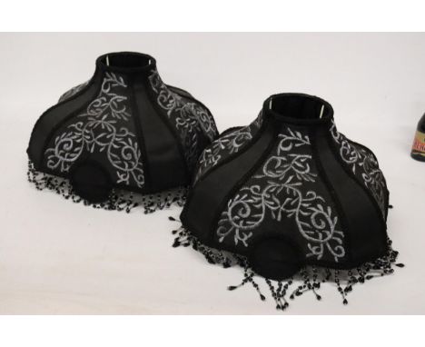 TWO VINTAGE STYLE LAMP SHADES WITH ORIENTAL STYLE EMBROIDERY WITH TASSELS 