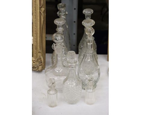 A QUANTITY OF VINTAGE DECANTERS - 9 IN TOTAL PLUS TWO SCENT BOTTLES 