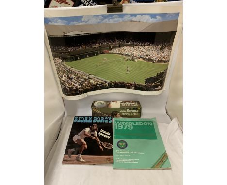 A WIMBLEDON 1979 PROGRAMME, PRINT, BOOKLET AND EUROPE TENNIS BALLS 