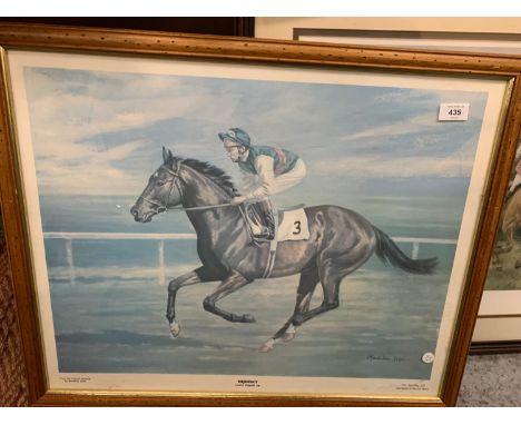 A FRAMED NIJINSKY AND LESTER PIGGOTT PRINT, BY ARTIST MADELINE SELFE, 69CM X 57CM 