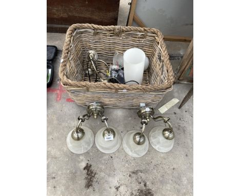A WICKER BASKET AND AN ASSORTMENT OF LIGHT FITTINGS 