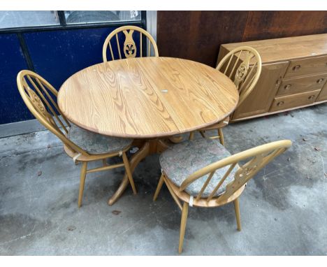 AN ERCOL LIGHT ELM EXTENDING PEDESTAL DINING TABLE (43" X 38", LEAF 15") TOGETHER WITH FOUR ERCOL PLUME OF FEATHERS DINING CH