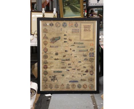 A LARGGE FRAMED VINTAGE RAILWAY HISTORY MAP OF BRITAIN, 88CM X 109CM 