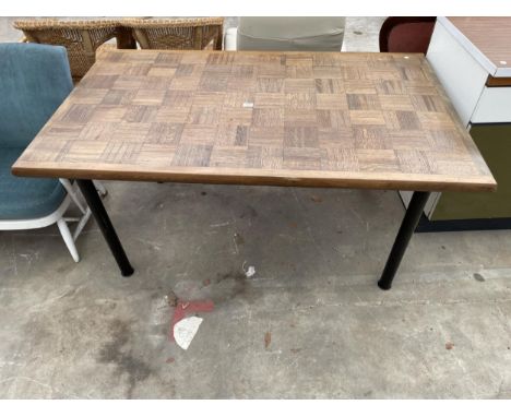 A DINING TABLE WITH WOODBLOCK TOP ON BLACK METAL LEGS 60" X 36" 