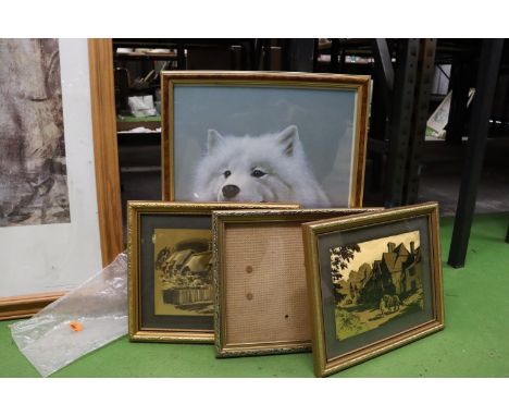 A FRAMED PRINT OF A HUSKY DOG, TWO COPPER STYLE PICTURES OF RURAL ENGLAND AND A PICTURE FRAME - 4 IN TOTAL 