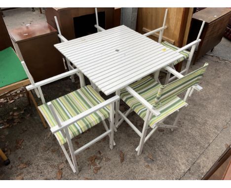 A WHITE PAINTED PATIO TABLE AND FOUR DIRECTORS CHAIRS (LACKING BACK PANELS) 