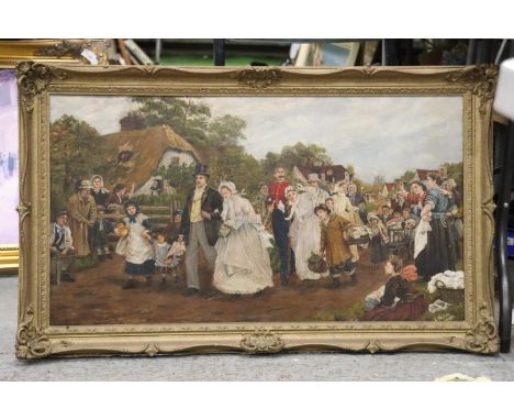A LARGE GILT FRAMED OIL OF A VINTAGE WEDDING SCENE, 101CM X 62CM 