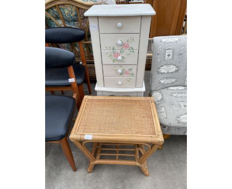 A MODERN BAMBOO TWO TIER TABLE AND SMALL PAINTED CHEST ON STAND 