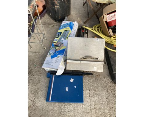 AN ASSORTMENT OF ITEMS TO INCLUDE AN ELECTRIC TILE CUTTER AND A GILOTINE ETC 