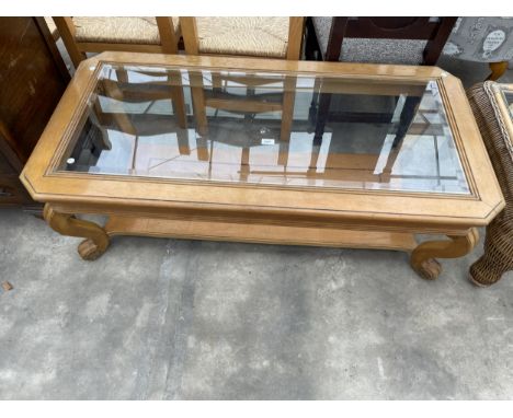 A LARGE INLAID HARDWOOD TWO TIER COFFEE TABLE WITH INSET GLASS TOP - 52" X 26" 