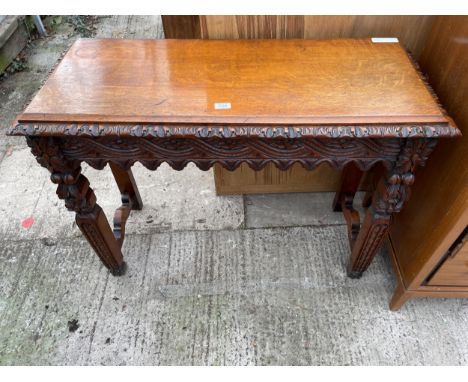 A VICTORIAN CONSOLE TABLE WITH CARVED LEGS AND FRIEZE - 41 INCH WIDE 