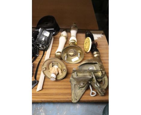 THREE BEER PUMPS TO INCLUDE TWO WITH CERAMIC HUNTING SCENE HANDES AND A RINGWOOD BREWERY 