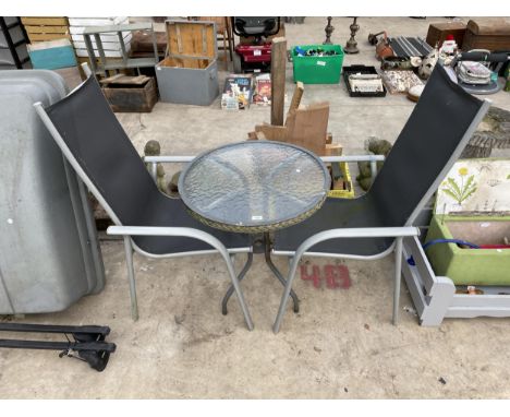 A GLASS TOPPED BISTRO TABLE AND TWO CHAIRS 