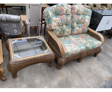 A WICKER AND BAMBOO SETTEE AND TABLE 