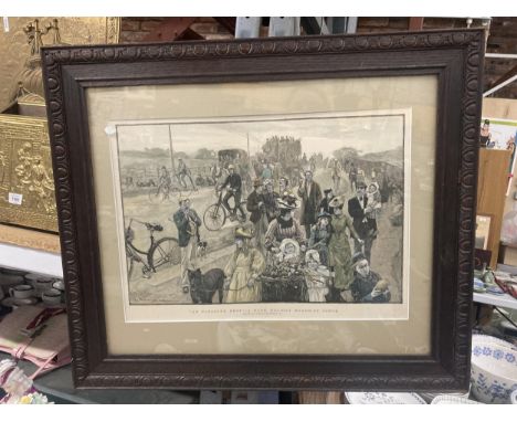 A FRAMED PRINT OF THE ENGRAVING BY WILLIAM HATHERELL 'ON PLEASURE BENT - A BANK HOLIDAY ROADSIDE SCENE 