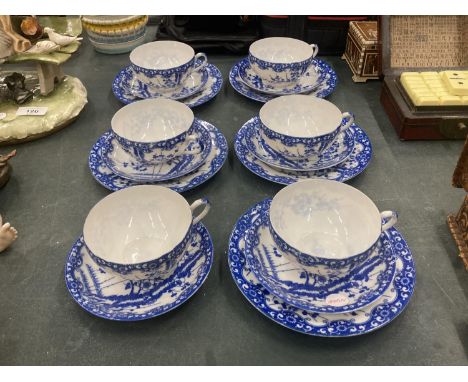 FIVE BLUE AND WHITE ORIENTAL EGGSHELL TEACUPS, SAUCERS AND FIVE SIDE PLATES 