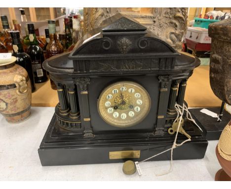 A VICTORIAN VERY LARGE FRENCH ARCHITECTURAL SLATE MANTLE CLOCK, MOVEMENT BY THE WELL KNOWN MAKER A D MOUGIN, MONTBELIARD.  PL