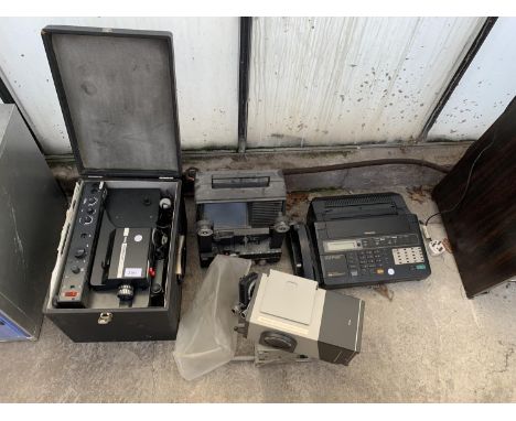 AN ASSORTMENT OF ITEMS TO INCLUDE A NORIS NORIMAT PROJECTOR, A FAX MACHINE AND A SLIDE VIEWER ETC 