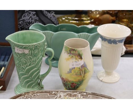 A QUANTITY OF CERAMICS TO INCLUDE A WADE GREEN GLAZED ART DECO JUG, WEDGWOOD VASE (A/F), P &amp; C MATTEL CARDIFF PLATTER, ET