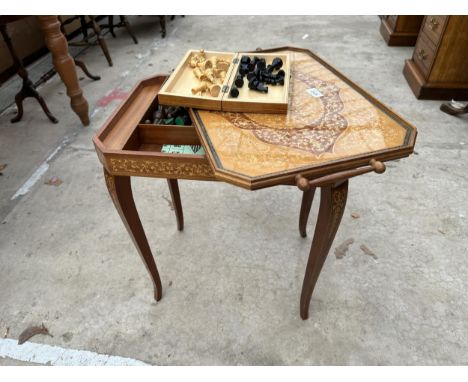 AN ITALIAN STYLE INLAID CHESS TABLE WITH REMOVABLE TOP ENCLOSING CHESS SET AND SMALL ROULETTE WHEEL COMPLETE WITH TRAVELLING 