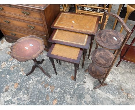 A NEST OF THREE TABLES, AND OAK FOLDING AFTERNOON TEA STAND AND A WINE TABLE 