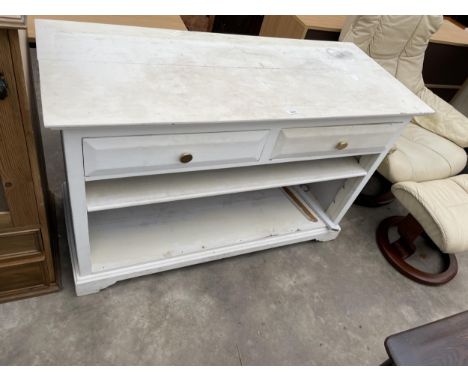 A WHITE PAINTED SIDE TABLE WITH TWO DRAWERS AND SHELVES 50" WIDE 