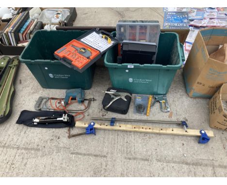 AN ASSORTMENT OF TOOLS AND HARDWARE TO INCLUDE MOLE GRIPS, SASH CLAMPS AND A BURGESS DETAIL DRILL ETC 