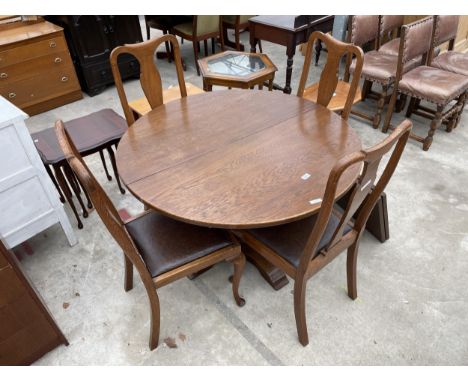 AN OAK PEDESTAL EXTENDING DINING TABLE 44" DIAMETER (LEAF 17") AND FOUR QUEEN-ANNE STYLE DINING CHAIRS 