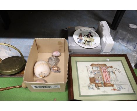 A MIXED LOT TO INCLUDE A BRASS GONG ON A WOODEN BASE WITH STRIKER, A/F, A FRAMED TAPESTRY, SEA SHELLS AND A CABINET PLATE 