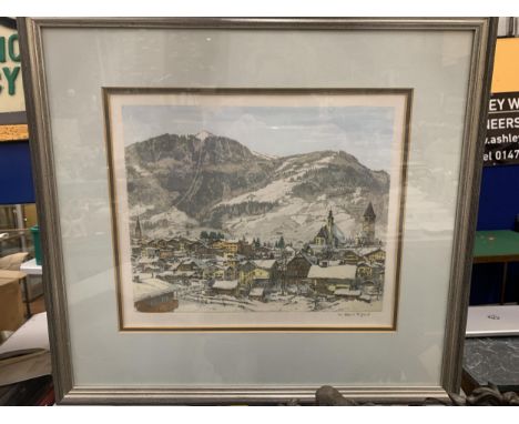 A FRAMED PRINT OF A SNOWY VILLAGE BY HANS FIGURA 