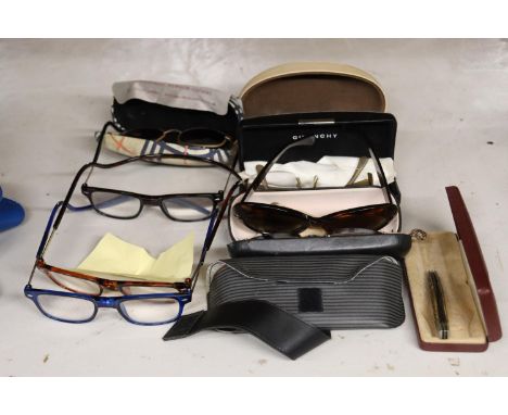 A COLLECTION OF GLASSES AND SUNGLASSES PLUS A VINTAGE PENKNIFE 