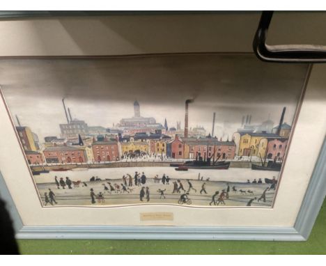 A FRAMED LOWRY PRINT NORTHERN RIVER SCENE, 33 INCH X 25 INCH 