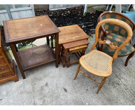 AN OAK NEST OF THREE TABLES, BEDROOM CHAIR AND SMALL TWO TIER TABLE 
