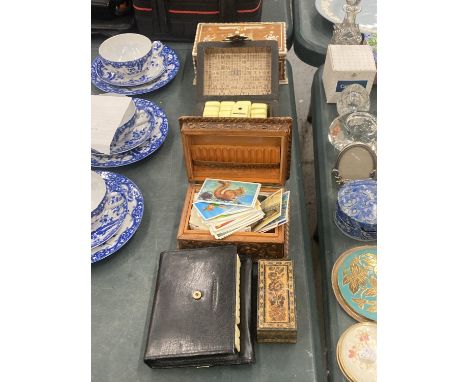 FOUR VINTAGE BOXES TO INCLUDE A TUNBRIDGE STYLE, LEATHER CLAD, EGYPTIAN STYLE WITH MOTHER OF PEARL DETAIL, ETC, PLUS BOXED DO