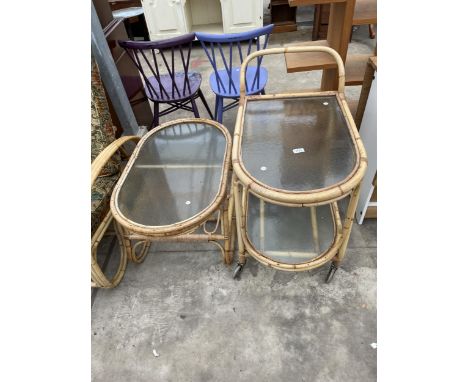 A MODERN BAMBOO AND GLASS TWO TIER TROLLEY AND COFFEE TABLE 