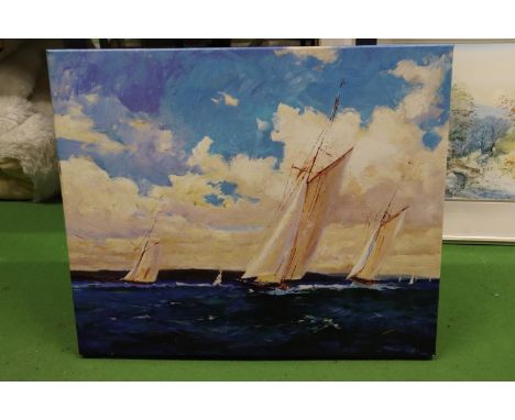 A CANVAS PRINT OF SAILING BOATS, 61CM X 52CM 