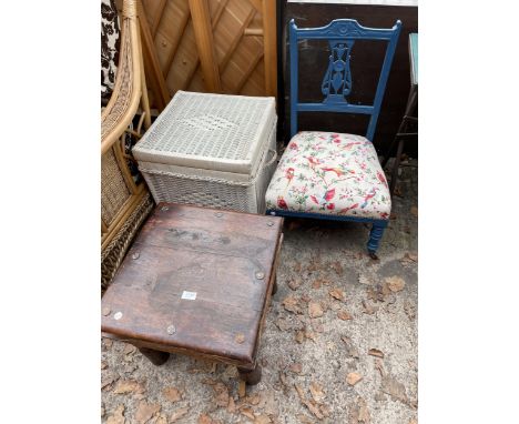 A WICKER STORAGE BOX STOOL, HARDWOOD LAMP TABLE AND EDWARDIAN NURSING CHAIR 
