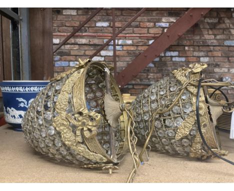 TWO DECORATIVE VINTAGE PENDANT LIGHT FITTINGS WITH CRYSTALS AND GILT DESIGN 